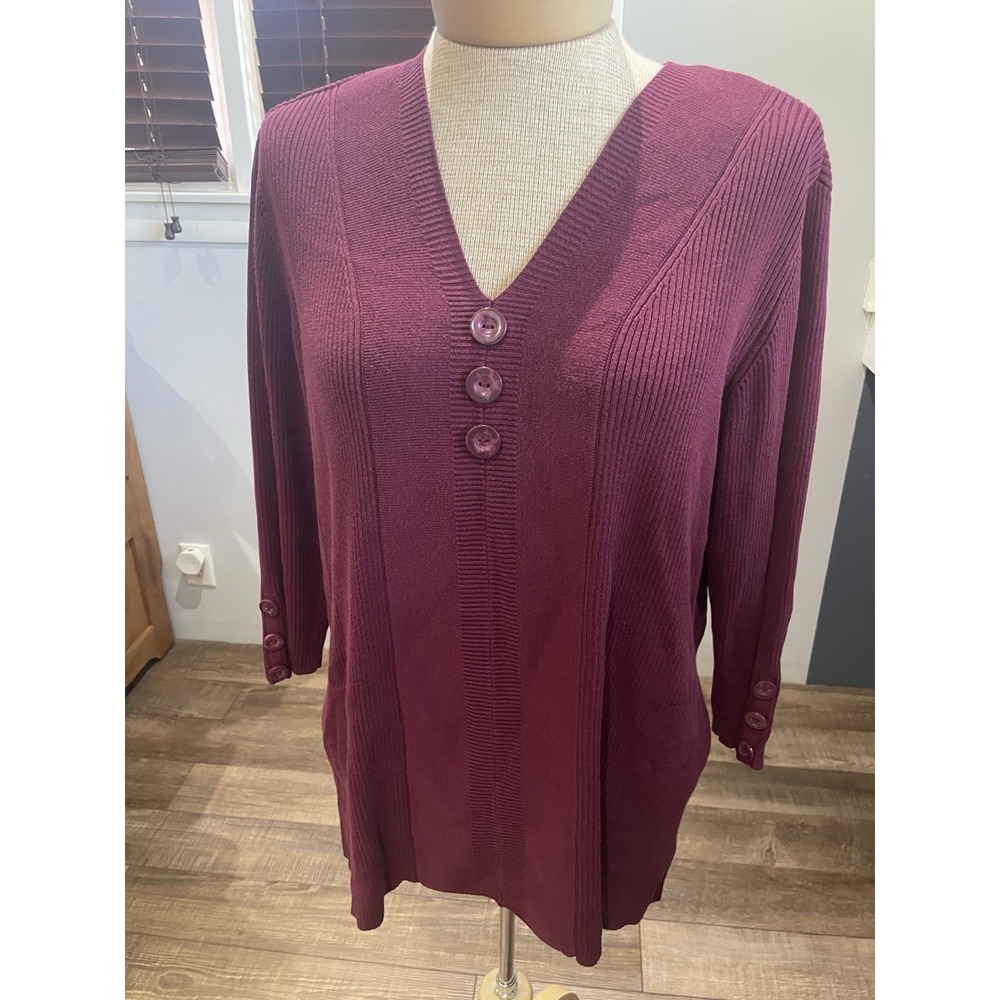 Dressbarn Burgundy 3/4 Button Sleeve Button V-neck Ribbed Sweater Top Women's 18